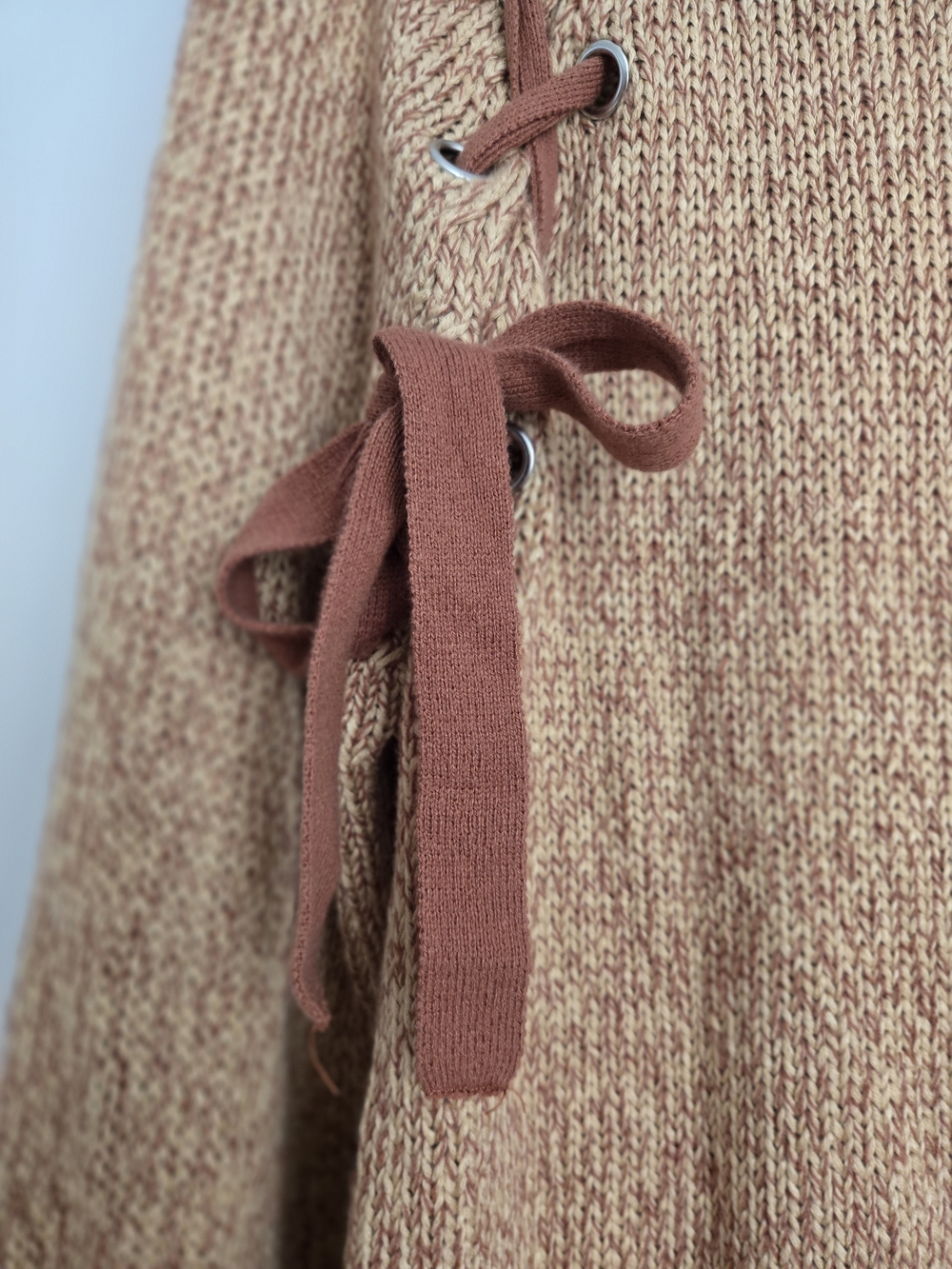 Francesca's Camel Brown Bow Tie-Accent Coquette Knit Sweater - Picture 3 of 8